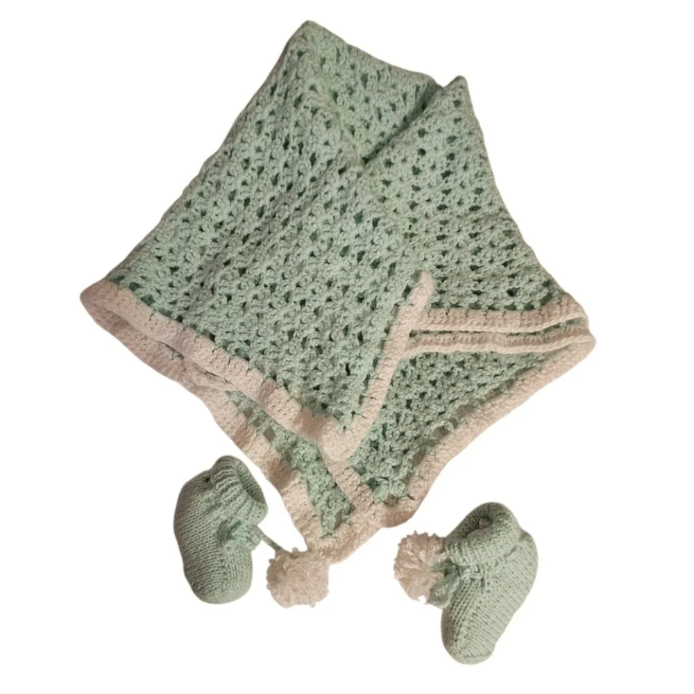 Handmade Mint White Crochet Baby Blanket Booties Set knit Tunisian Vintage Gift